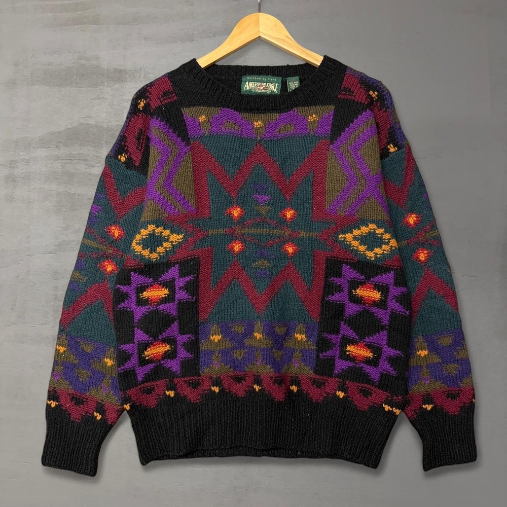 Vintage American Eagle Sweater MultiColor Aztec Western Hand Knit Wool‎ Medium